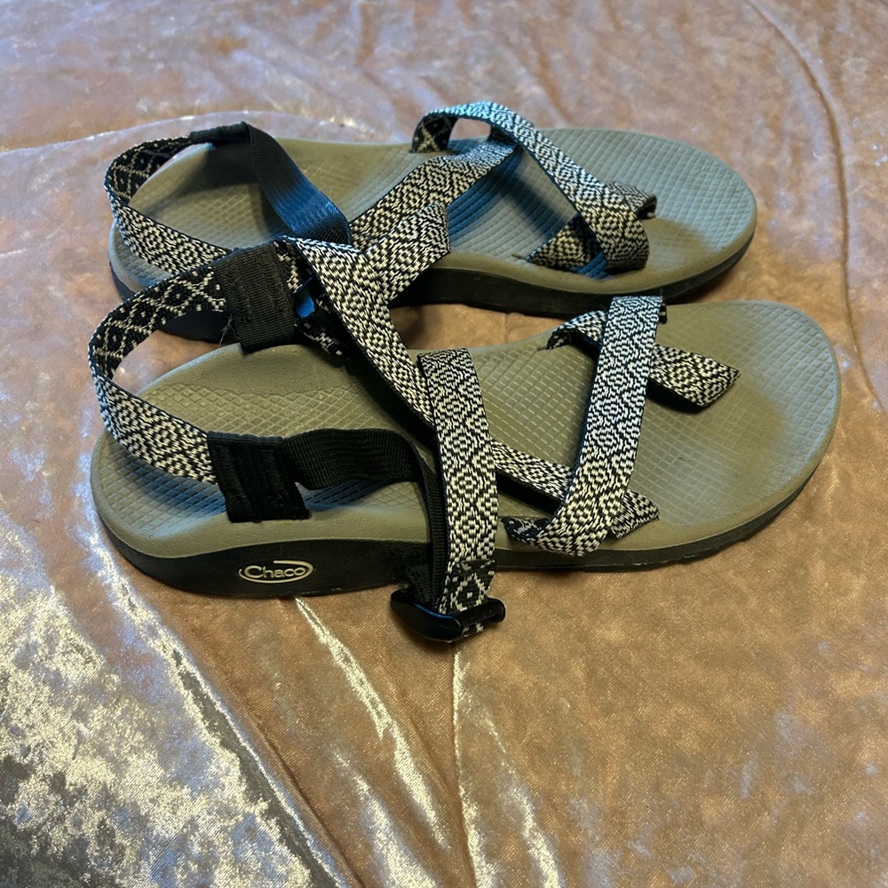 Black and Gray Patterned Chaco sandals